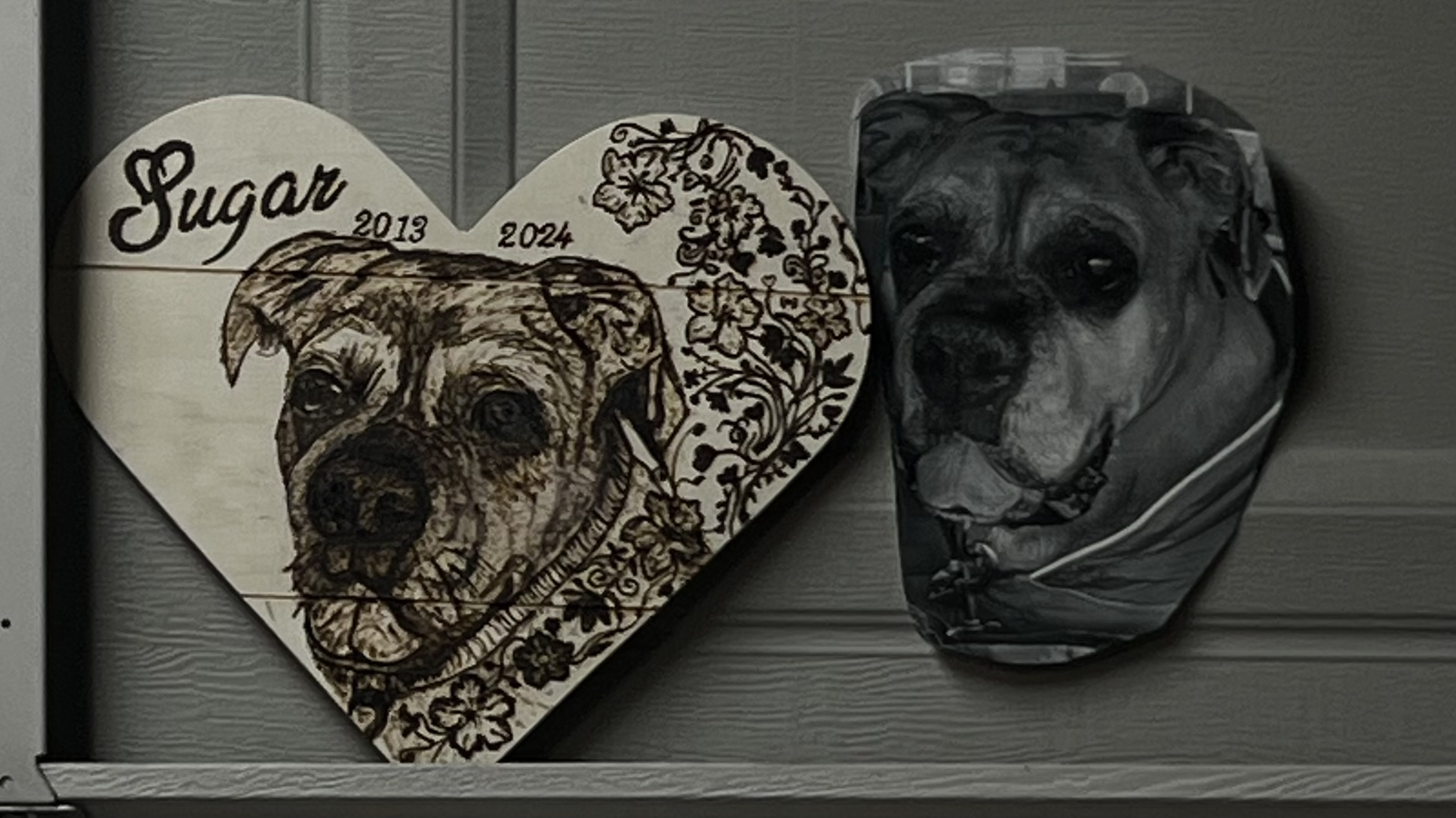 Sugar R.I.P. memorial portrait woodburning