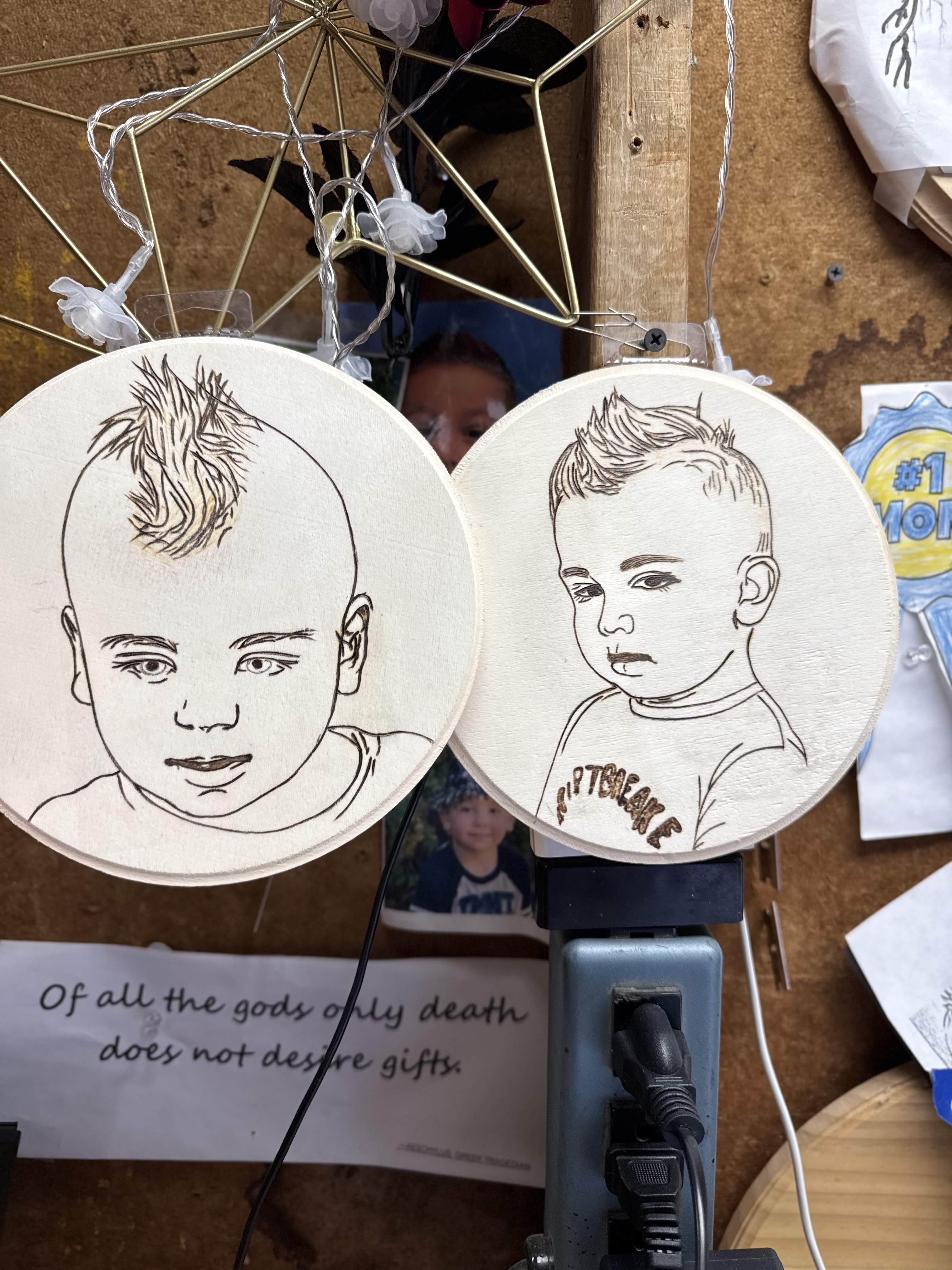 Mohawk Twins portrait woodburning