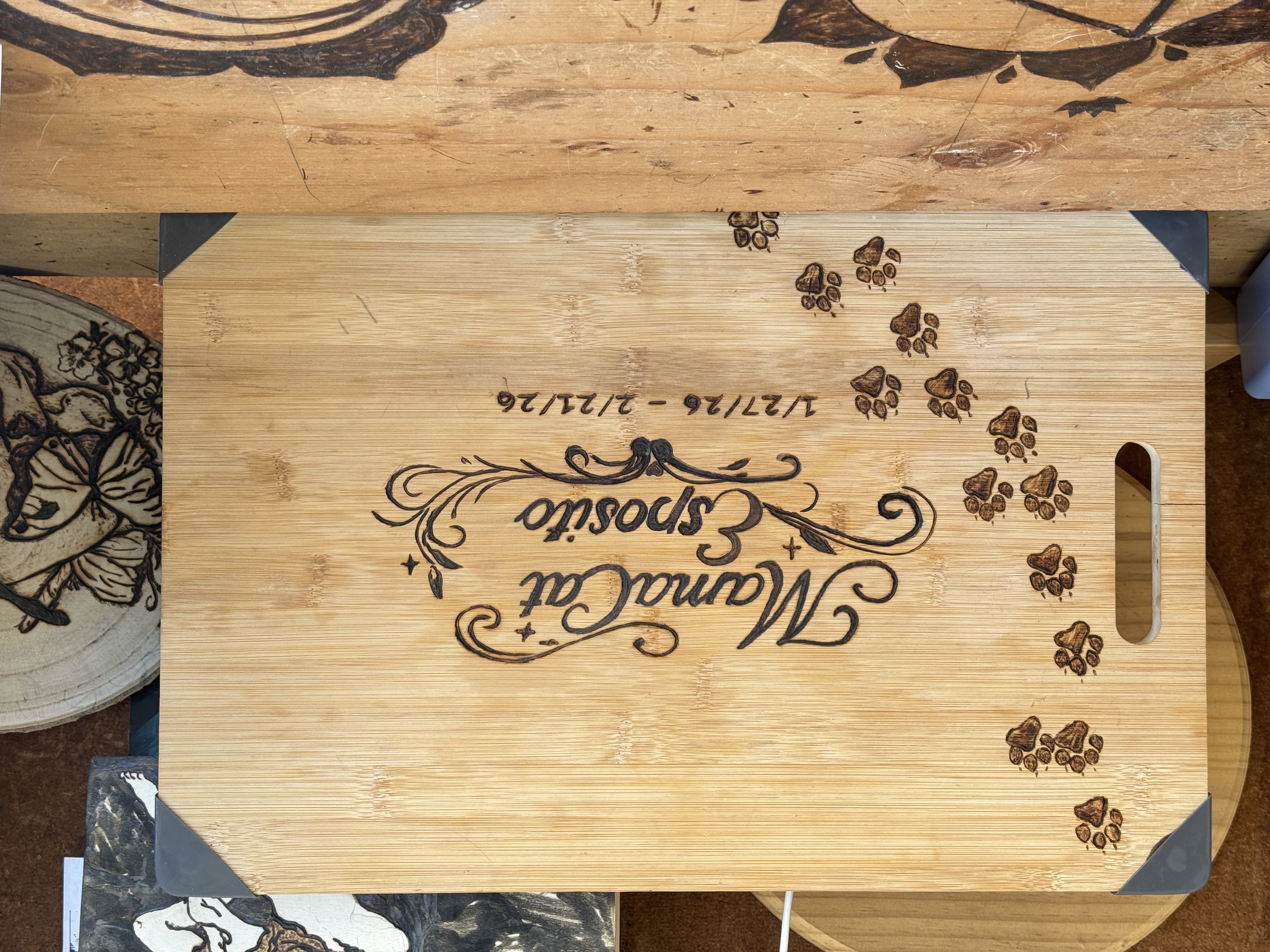 Momma Cat cutting board woodburning, back