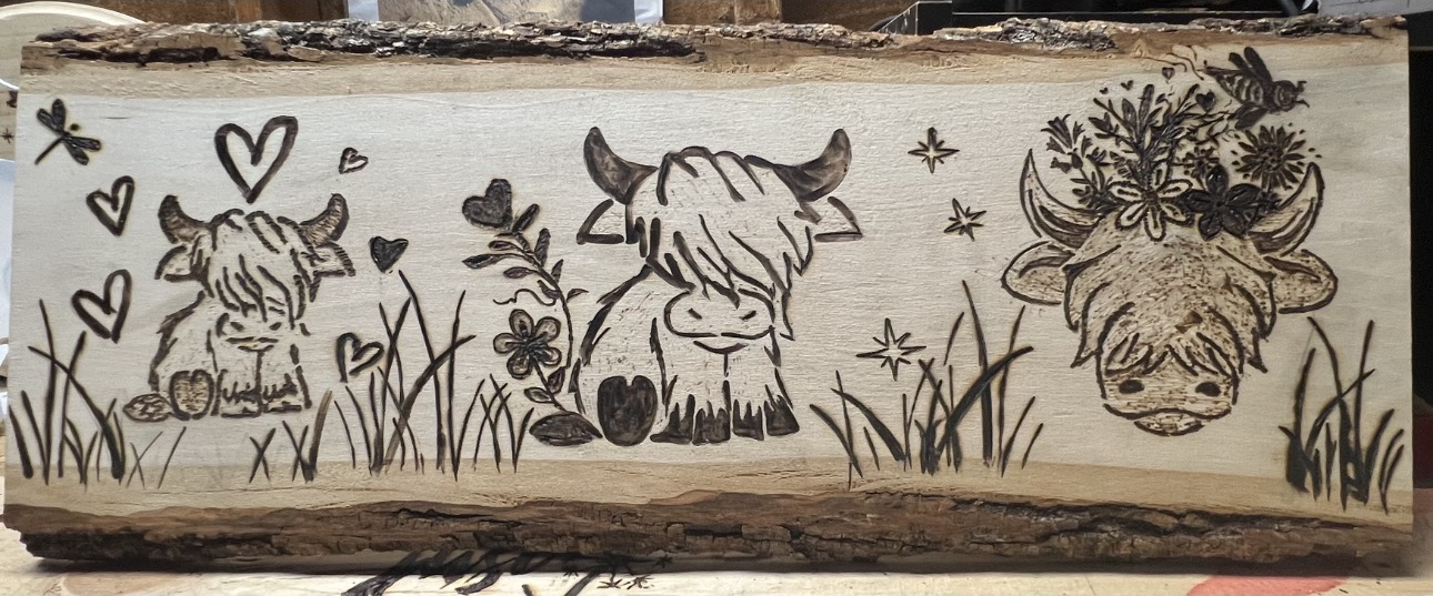 Highland cow woodburning