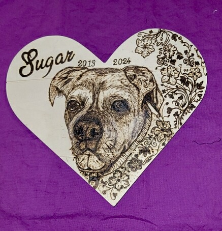 Sugar R.I.P. memorial portrait woodburning