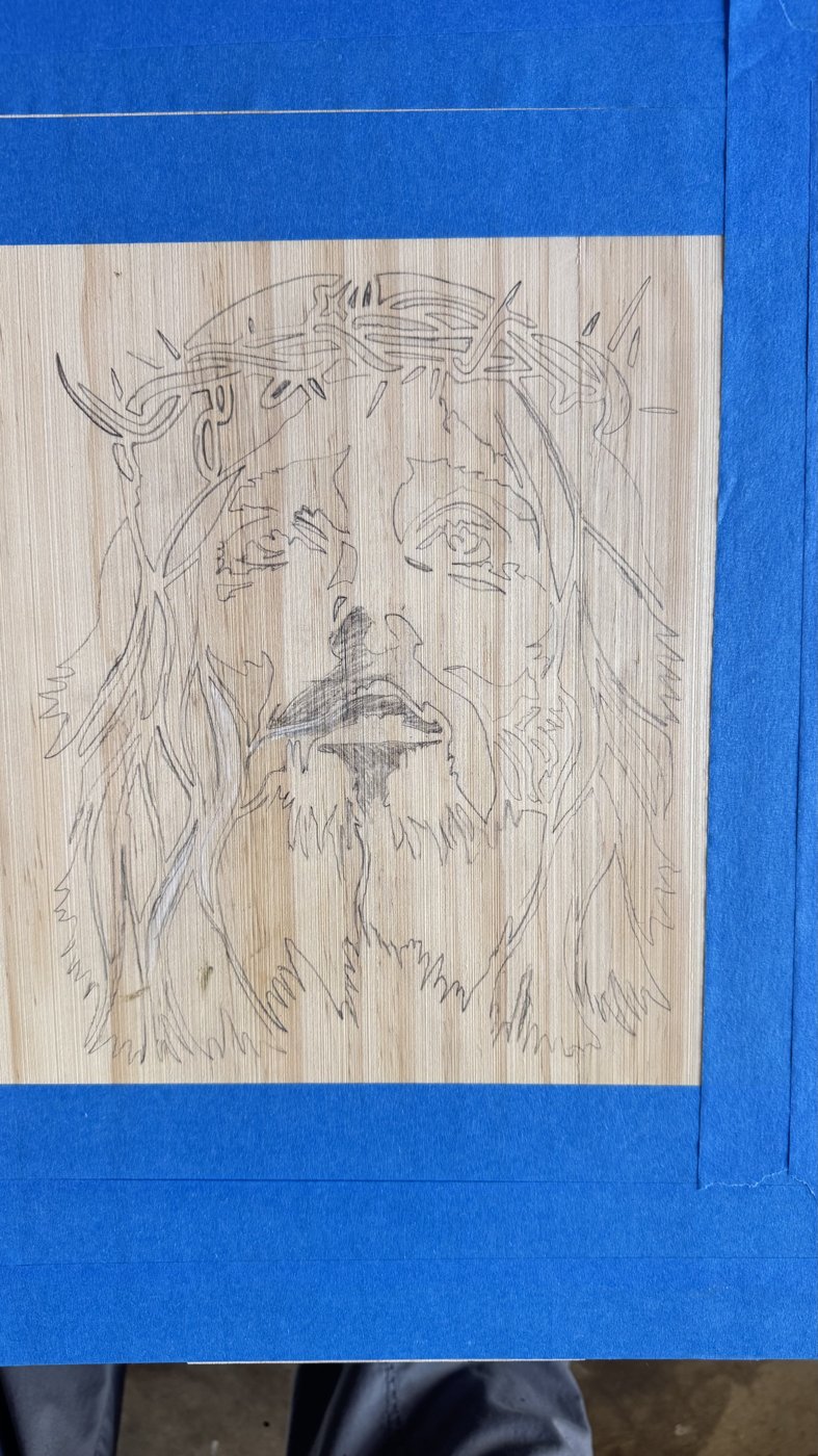 Amen — Jesus with crown of thorns, design traced onto wood, ready to burn