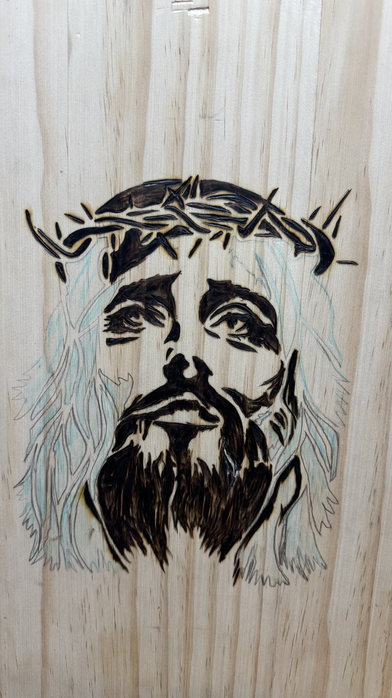 Amen — crown of thorns, face and beard burned in