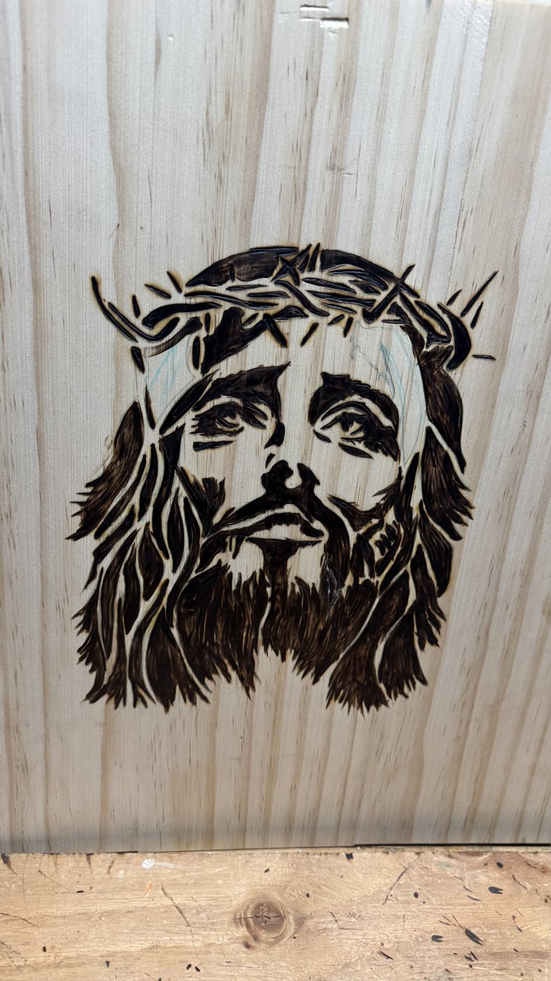 Amen — hair, beard and crown of thorns fully burned in