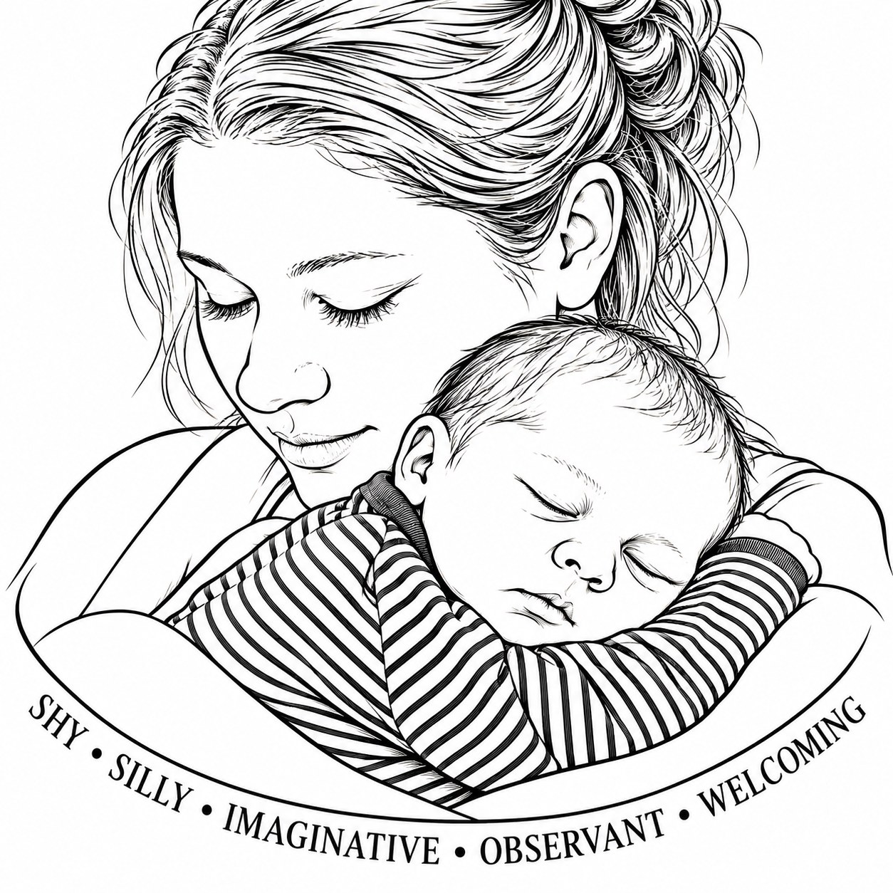 For Dev — line design of a mother holding her sleeping baby, with the words Shy, Silly, Imaginative, Observant, Welcoming
