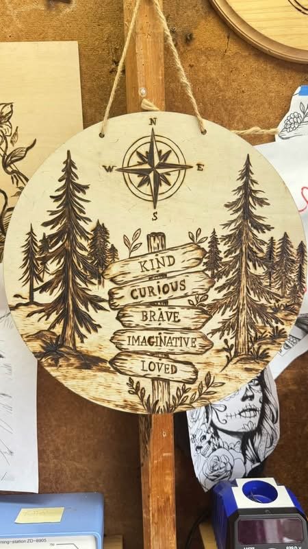 Baby Forest — finished round compass and forest sign woodburning: Kind, Curious, Brave, Imaginative, Loved