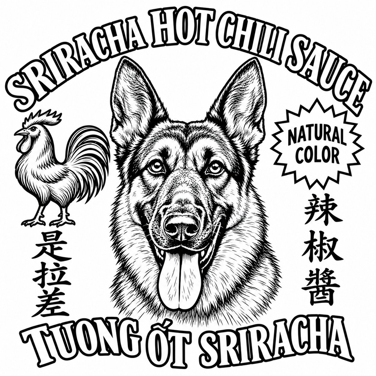 Design of a German Shepherd in a hot sauce label style, with a rooster beside it
